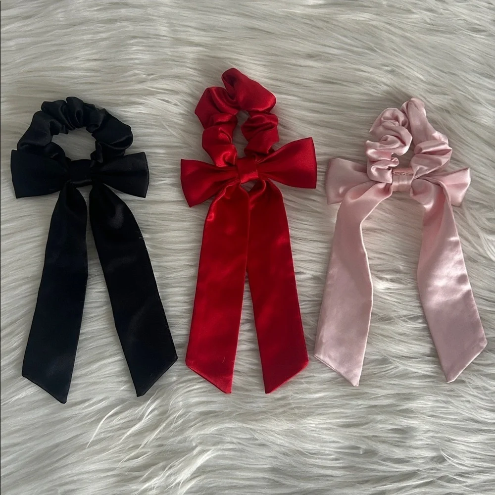 Silk Satin Hair Bow  Scrunchies red, pink and black valentine colors set of 3